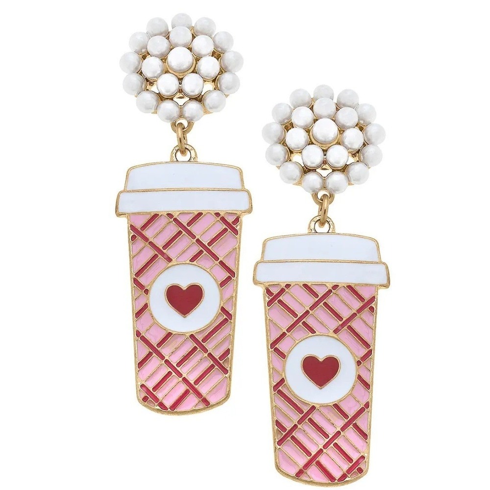 CANVAS STYLE Valentines Coffee Cup Earrings Pink Heart Dangle Drop Pearls NWT‎